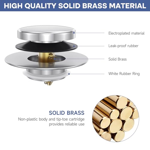 Chrome Plated Universal Tip Toe Tub Stopper and Water Stopper, Pop Up Bathtub Drains Plug, Bathroom Bath Tub Drain Stoppers, Replaces Lift and Turn, Tip-Toe and Trip Lever drains for Tub, EZ Install - color: Chrome Plated