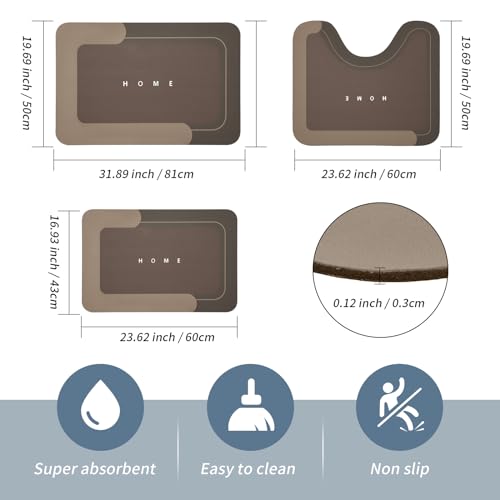 3PCS Absorbent Bath Mat Magic Rug Sets, Quick Drying Bath Mat Non-Slip Floor Rug Rubber Backed for Bathroom Kitchen Shower Sink (16.9''x23.6''+19.7''x23.6''+19.7''x31.9'', Brown) - color: Brown, size: 3 PCS