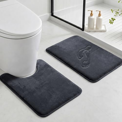 HUXMEYSON Bathroom Rugs Sets 2 Piece, Non-Slip & Quick Dry Bath Mat Set, Ultra Soft Velvet Bath Rugs for Bathroom, Toilet and Shower Floor, Dark Grey - color: Dark Grey, size: 17"x24"+U Shape 20"x24"