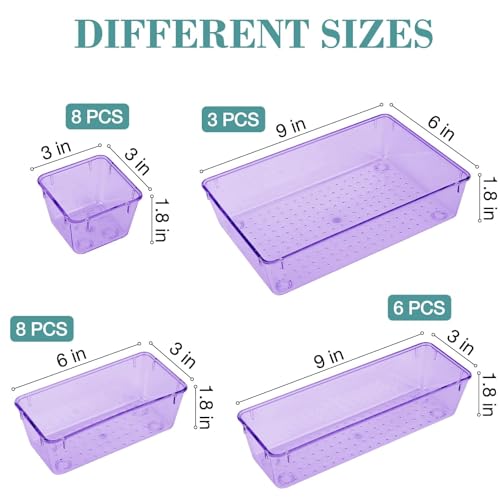 StorMiracle 25 PCS Drawer Organizer Set, 4 Varied Size Bathroom and kitchen Drawer cabinet organizer Trays, Clear Storage Bins for Makeup, Jewelry, Utensils and Gadgets， Purple - color: Purple, size: 25 PCS