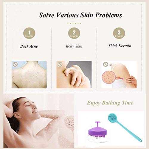 Silicone Body Scrubber & Scalp Massager, Long Handle Shower Brush, Exfoliating Scrubber for Men, Women & Kids - color: Blue