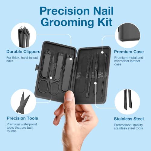 Precision 8 Pieces Men’s Nail Grooming Travel Kit, Stainless Steel Manicure Set with Fingernail & Toenail Clippers, Nail File, Slant Tip Tweezers, Cuticle Scissors, Cuticle Pusher, Travel Case