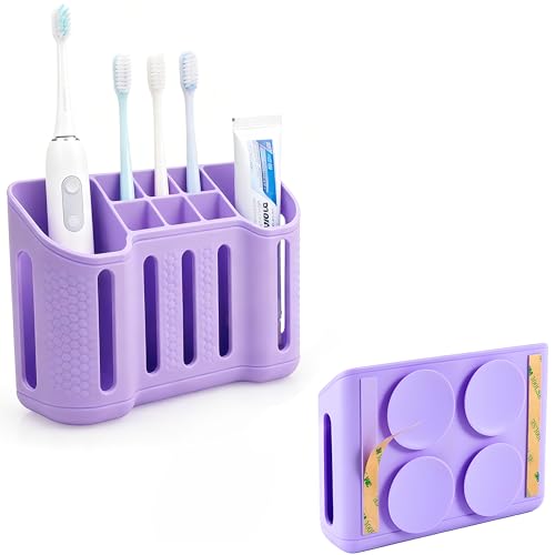 Wall-Mounted Silicone Toothbrush Holders for Bathrooms, Electric Toothbrush, Shaver and Toothpaste Holder, Multiple Slots, Suction Pad& Adhesive Tape, Bathroom Organizer, Bathroom Accessories (Purple)