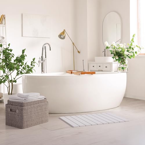 Diatomite Stone Bath Mat for Bathroom – Roll-Up & Foldable | 23.62" x 15.75" | Quick Drying & Super Absorbent | Long Diatomite Stone Drying Mat| Non-Slip | Durable | Off White - color: White