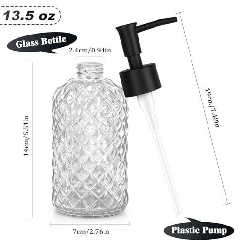 1 Pack 13.5oz Glass Soap Dispenser with Plastic Pump, Diamond Design Refillable Hand Soap Dispenser for Hand Wash, Bathroom and Kitchen (Clear) - color: Clear Transparent