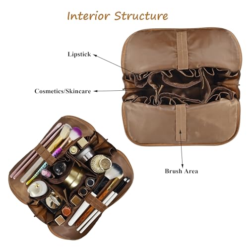 Travel Makeup Bag for Women, Waterproof Stand Up Cosmetic Bag with Brush Holders, Organizer Bag with Compartments, Fold-Down Design for Skincare, Toiletries & Essentials (Chestnut, Medium) - color: Chestnut, size: Medium