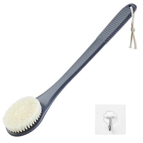 Back Scrubber for Shower, Shower Body Brush for Cleaning with Long Handle for Showering, 17 Inch Back Washer Exfoliator for Shower Men Women with Non-Slip Handle, Adhesive Hook (Gray) - size: Gray - Artificial Bristles