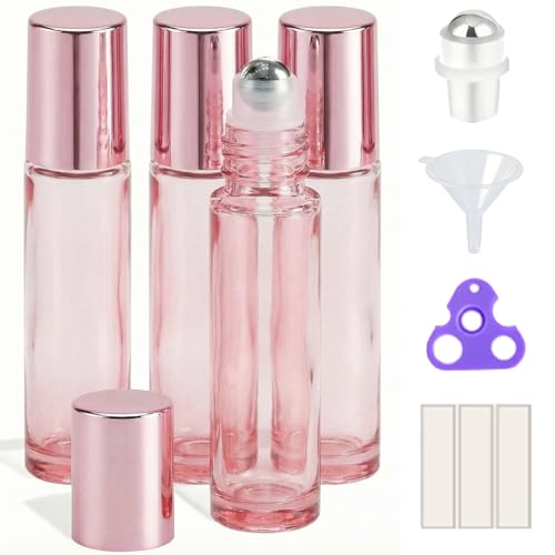 PrettyCare 4 Pack, 10 ml Essential Oil Roller Bottles with Stainless Steel Roller Ball - Refillable Leak-proof Empty Thick Pink Glass Roll on Bottles with Pink Caps for Travel, Perfume - color: Pink with Pink Cap, size: 4 Pack