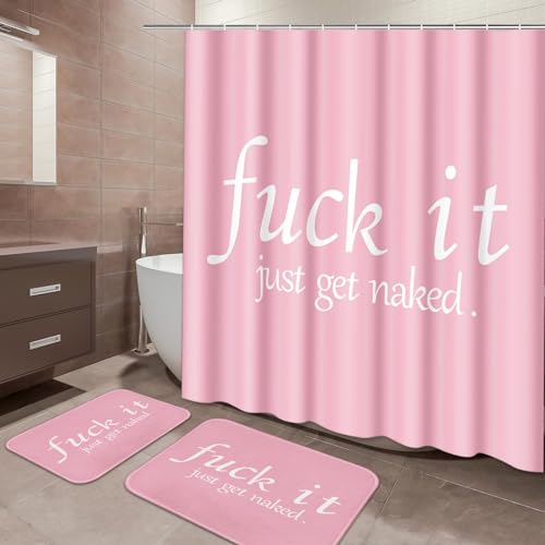 ArtSocket 3 Pcs Shower Curtain Set with Rugs, Pink Funny Get Naked Bathroom Set with Non-Slip Rug Bath Mat and 12 Hooks 72x72 inches - color: Pink Funny Quotes
