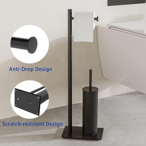 RUACQ Toilet Paper Holder Stand with Toilet Brush and Holder Set, 304 Stainless Steel Bathroom Toilet Tissue Paper Roll Holder Free Standing, Weighted Base, Heavy Duty (Matte Black) - color: Matte Black, size: Free standing