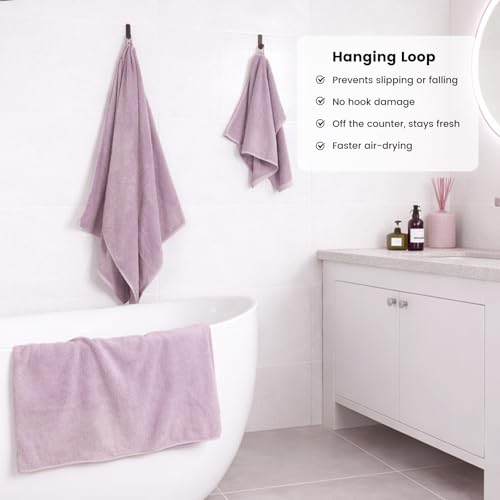 8-Piece Cotton Bath Towel Set with Hanging Loops for Bathroom, Purple | Complete starter set for daily showers, sink-side use, small bathrooms, and guest baths, OEKO-TEX certified, easy care - color: A06: Purple