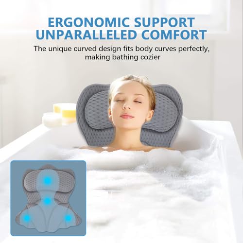 REEZEIVI Bath Pillows for Tub,Bath Pillow with 6 Non-Slip Suction Cups,Soft 4D Mesh Fabric,Bathtub Pillows for Tub Neck and Back Support,Extra Thick Luxury Bathtub Pillows,Grey - color: Grey