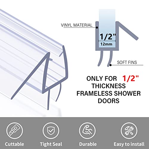 Shower Door Bottom Seal with Sweep 2Pack, 39"(990mm) Length PVC Clear Strips for 1/2"(10mm) Thick Frameless Glass Door, to Stop Water Leaking - size: 1/2"(12mm), 2-Pack, 39" Long