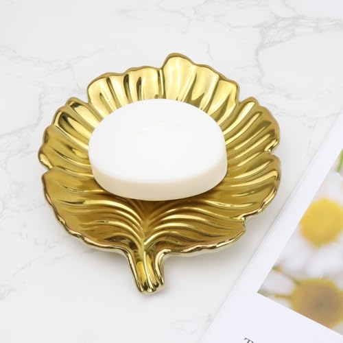 Gold Leaf Bathroom Soap Dish,Ceramic Soap Dish Holder in Palm Leaf Style,Self Draining Design and Used to Hold Various Small Bathroom and Kitchen Accessories - color: Gold