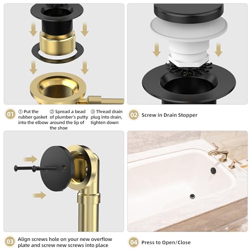 Matte Black Tub Drain Kit with Hair Catcher, Premium Brass Tip-Toe Bathroom Tub Drain Replacement and 2-Hole Overflow Faceplate, 11.5/16 UNC Bathtub Drain Stopper Assembly - color: Matte Black