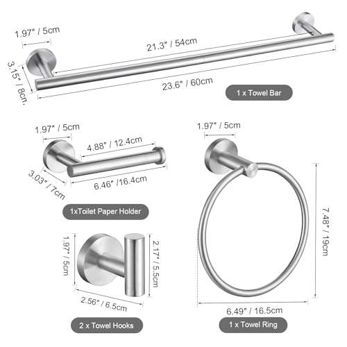TURS 5 Piece Bathroom Hardware Set Brushed, SUS304 Stainless Steel Bath Towel Bar Set, 24 Inch Bathroom Accessories Kit Wall Mounted - color: Brushed Steel