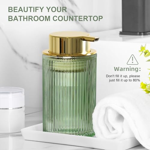 KASUNTING Green Glass Foaming Soap Dispenser, Ribbed Foam Hand Soap Dispenser for Bathroom, 11 Fl Oz Refillable Foaming Pump Bottle with Black Pump, Modern Dish Soap Foam Dispenser - color: Green Bottle+ Gold Pump, size: Foam-1 Pack