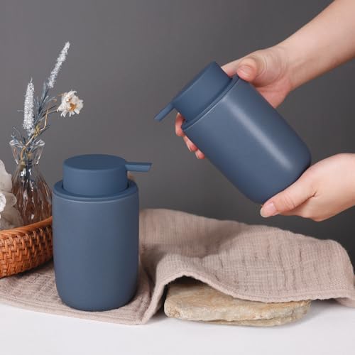 INGOFIN Ceramic Soap Dispenser Set, 2 Pack (12 oz) Bathroom Hand Soap Dispenser with Pump, Liquid Hand and Dish Dispenser Set with 8 Pcs Clear Stickers, for Kitchen -Matte Blue - color: Blue-liquid