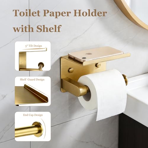 5-Pieces Wall Mount Bathroom Accessories Bathroom Hardware Set,22 Inch Stainless Steel Waterproof Towel Bars,Toilet Paper Holder with Shelf,Towel Ring,Coat Hook (Brushed Gold 5PC - Round) - color: Brushed Gold 5pc - Round