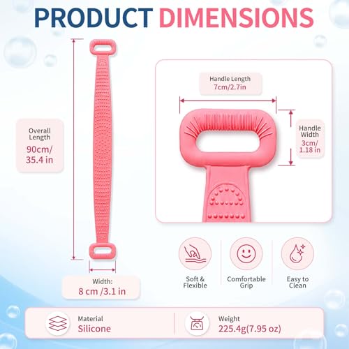 Manmihealth Silicone Back Scrubber for Shower, 36'' Extendable Back Washer with Long Strap Handle, Dual-Sided Silicone Body Brush for Men and Women(Black+Pink) - color: Black+pink