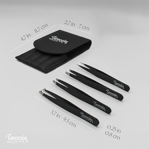 TWEEZIA Stainless Steel Precision Tweezers Set with Mirror Case, 4 Piece | Eyebrow tweezers, slant and pointed tips, use for facial hair, splinters, ingrown hairs, crafting, wigs, beauty kits