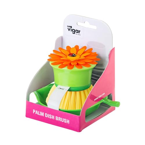 Vigar Flower Power Palm Dish Scrub Brush with Holder, Kitchen Scrub Brush for Dishes, Dish Scrubber, Sink Brush, Dishwashing Brush and Vegetable Scrubber for Household Cleaning - Orange, Green - color: Flower Power, Orange