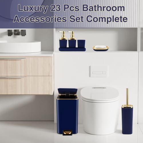 Bathroom Sets with Shower Curtain and Rugs Bathroom Accessories Set Navy Blue Bathroom Set,Soap Dispenser & Toilet Brush Holder Set with Stainless Steel Trash Can(23 PCS) - size: Navy Blue, style: Bath Set+Waffle Shower Curtain+Bath Rugs