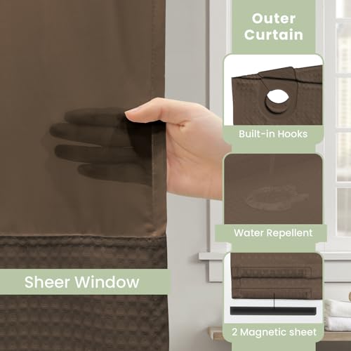 Inhousolu No Hook Shower Curtain with Snap-in Fabric Liner, Waffle Weave 230 GSM Polyester, Weighted Hem, Water Repellent Washable, Mesh Top Window 72" W x 72" L Brown - color: Brown, size: 72"W x 72"L (Pack of 1)