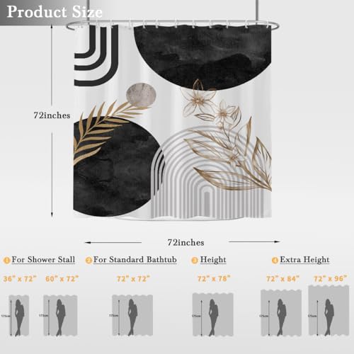 Black and Gold Shower Curtain, White Grey Abstract Art Pattern, Mid Century Modern Polyester Fabric, Cool Boho Mens Bathroom, 72x72 Inch, 12 Hooks Included - color: Black, size: 72"W x 72"L (Pack of 1)