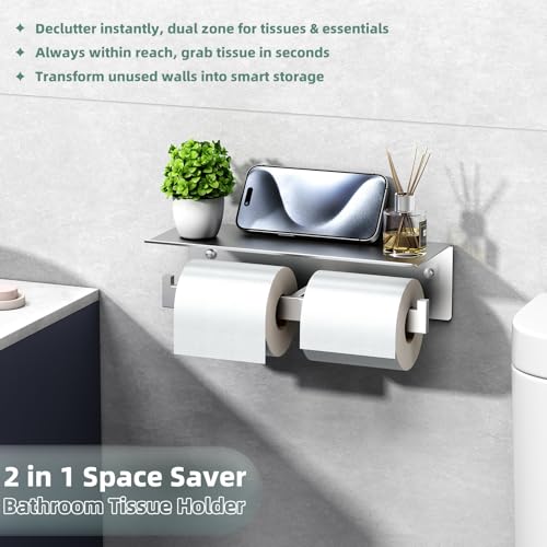 APLusee Double Toilet Paper Holder with Shelf, 304 Stainless Steel Brushed Nickel Bathroom Tissue Holder, Commercial Paper Roll Dispenser Wall Mounted - color: Brushed Nickel, size: Double Rod