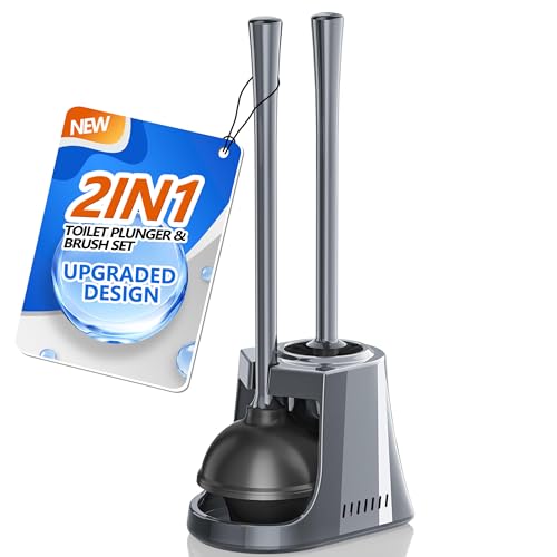 LOVLOY Toilet Plunger and Brush with Holder, Bowl Brush and Heavy Duty Toilet Plunger Set with Ventilated Holder, 2-in-1 Toilet Brush and Plunger Combo for 5.3-inch Toilet Drain New Pack (Grey, 1) - color: Gray