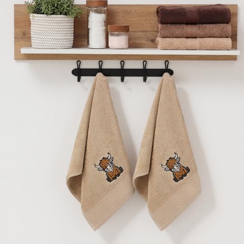 SmoothNovelty 2 Pcs Baby Highland Cow Hand Towels Khaki Bathroom Decor 14x29 Inch Embroidered 100% Cotton Soft Absorbent Spring Summer Decorative Hand Towels for Bathroom Kitchen - style: Highland Cow