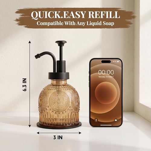 Vintage Glass Soap Dispenser 2 Pack for Bathroom Kitchen, with Black Pump and Non-Slip Mat, Refillable for Hand Soap, Dish Soap, Lotion, Shower Gel, Modern Farmhouse Decor (8 oz, Brown) - color: Brown