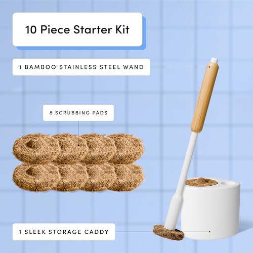 TUSHY Toilet Brush 2.0 Set: with Cleanser-Infused Pads and Holder (Disposable Planet Friendly Refills), Includes 8 Lemon and Tea Tree Coconut Husk Scrubbing Pads - style: Brush Starter Kit