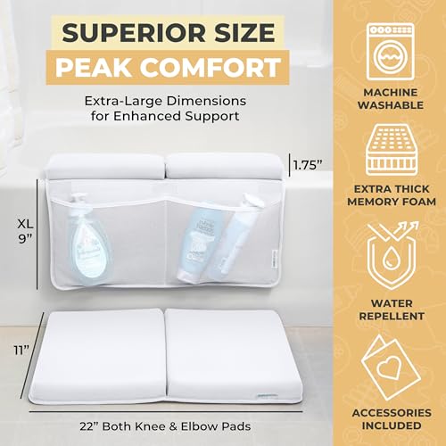 Bath Kneeler and Elbow Rest Pad, Extra Thick Baby Bath Kneeling Pad and Elbow Pad for Bathtub. Bath Tub Elbow Pad with Infant Toy and Baby Accessories Organizer, Off White Color - color: White