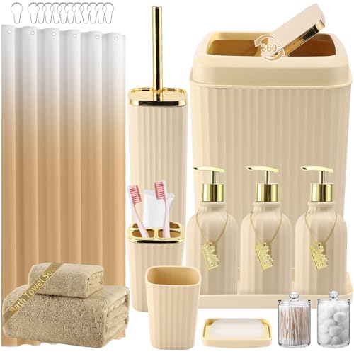 32PCS Bathroom Accessories Set Bathroom Set,Beige Shower Curtain Set,Bath Towel Set,Hand Towel,Toilet Brush,Trash Can & 3PCS Soap Dispenser - size: Bath Set+Shower Curtain+Towel Set, style: Beige