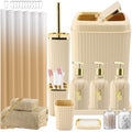 32PCS Bathroom Accessories Set Bathroom Set,Beige Shower Curtain Set,Bath Towel Set,Hand Towel,Toilet Brush,Trash Can & 3PCS Soap Dispenser - size: Bath Set + Shower Curtain + Towel Set, style: Beige
