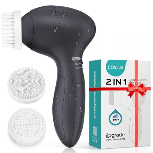 COSLUS Face Scrubber Facial Cleansing Brush: 2 Speed Adjustable Face Cleansing Brush for Sensitive Skin, Beard Care - Deep Cleansing & Gentle Exfoliating, Portable for Travel & Shower, for Men Teens - color: Light Grey, size: With 2 brush heads