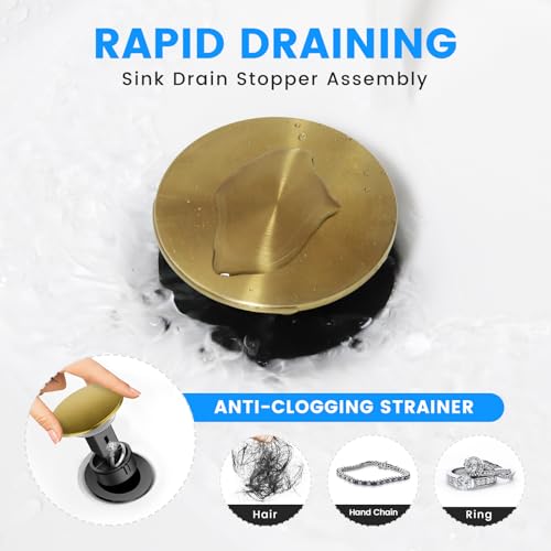 Bathroom Sink Drain with Overflow, Hurran Universal Bathroom Sink Stopper for Bathroom Vanity Vessel Sink, Plastic Pop-up Sink Drain with Hair Catcher Anti-Clog Strainer, 2 Pack, Brushed Gold | Hurran Bathroom Sink Stopper for 1.65"-1.9" Hole, Plastic Pop
