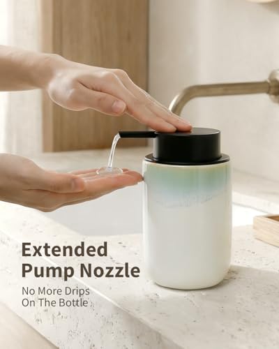 BosilunLife Hand Soap Dispenser - Foam Soap Dispenser Bathroom Ceramic Dish Liquid Soap Dispenser for Kitchen, Bathroom Countertop Soap Dispensers (White with Blue-Green Rim Liquid Pump) - color: White With Blue-green Rim Liquid Pump