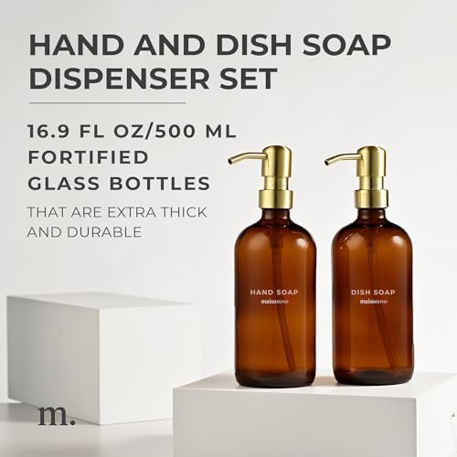 MaisoNovo Soap Dispenser 2-Piece Set | 16.9oz Amber Bottles with Gold Stainless Steel Pump Core - color: Amber/Gold