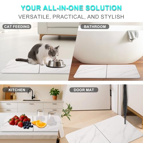 Stone Bath Mat, Foldable Non-Slip Stone Bath Mats for Bathroom 24"x16", Absorbent Quick Dry Diatomaceous Earth Bath Mat, Magic Stone Dish Drying Mat for Kitchen Counter, Pet & Plant - color: White Marble