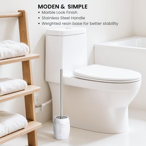 Clasin Home Toilet Bowl Brush and Holder with Stainless Steel Long Handle, Toilet Scrubber Brush with Durable Base, 360° Deep Cleaning Bristles for Bathroom, Compact Set for Small Space (White) - color: White