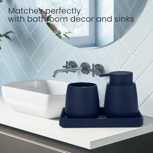 Blue Bathroom Accessories Set, Modern 3 Pcs Bathroom Essentials - Soap Dispenser, Toothbrush Holder & Tray, Countertop Vanity Organizer (Blue) - color: Blue