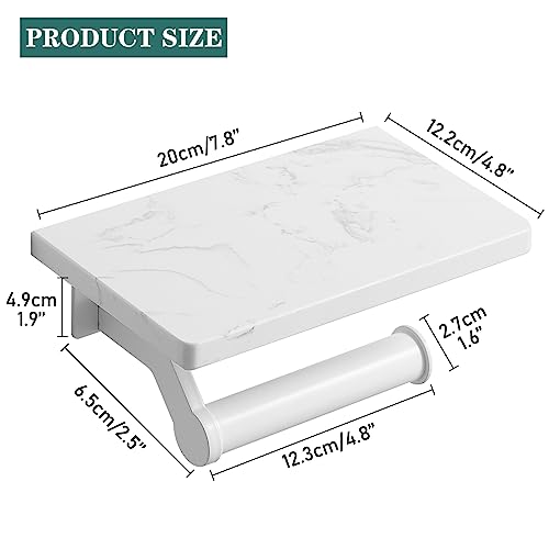 Hoimpro White Aluminum Toilet Paper Holder with White Natural Marble Shelf, Wall Mounted Tissue Hand Paper Roll Storage Holder for Bathroom Kitchen Washroom Bedroom - color: White