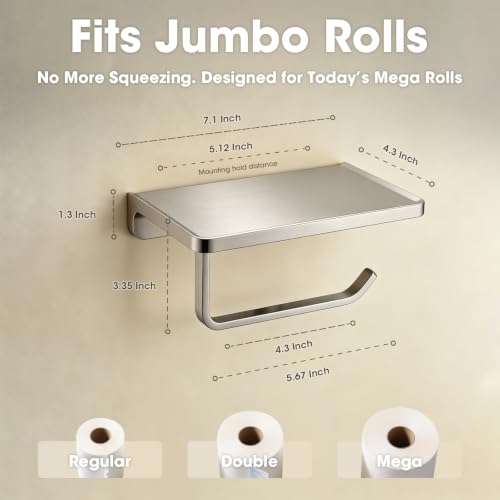 Toilet Paper Holder with Phone Shelf Solid Metal Bathroom Wall Mounted Tissue Roll Dispenser Storage, Brushed Nickel - color: Brushed Nickel, size: 7.1" x 4.3"