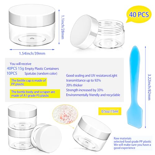 40 Pack 15g Plastic Jars with Lids, 15ml Round Clear Cosmetic Containers Makeup Jars, Travel Size Container Jar with 10 Spatulas for Sample Lotion Cream Eyeshadow Ointment Salve Balm Powder - color: White, size: 15g