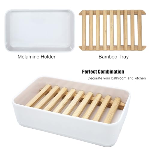 Soap Dish Holder, Bamboo Self-Draining Soap Box, Soap Dishes Holder for Shower, Bathroom, Kitchen, Bathtub, Bar Sink (White, 1 Pack)