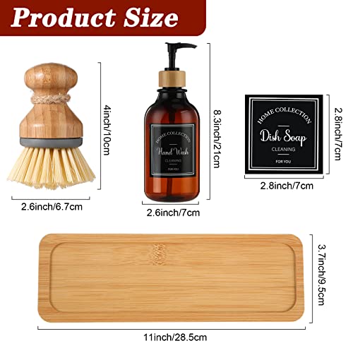 Zopeal 4 Pcs Kitchen Soap Dispenser Set with Bamboo Tray and Dish Brush Plastic Soap Dispenser Set with Waterproof Labels for Hand Dish Lotion(Brown) - color: Brown