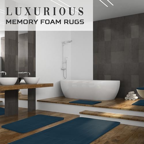 Bathroom Rug Set 5 Piece - Memory Foam Bathroom Mat Set, Soft and Comfortable, Non-Slip Thick Absorbent Bath Mats, Machine Washable, Navy Blue - color: Navy Blue/ Line Design